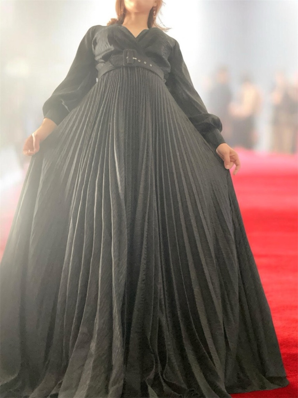 Elegant Black Pleated Maxi Dress with Belt